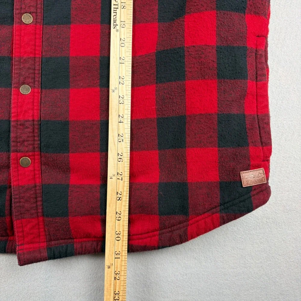 LL Bean Sherpa Lined Scotch Plaid Flannel Shirt Jacket Mens XL Red Buffalo Snap
